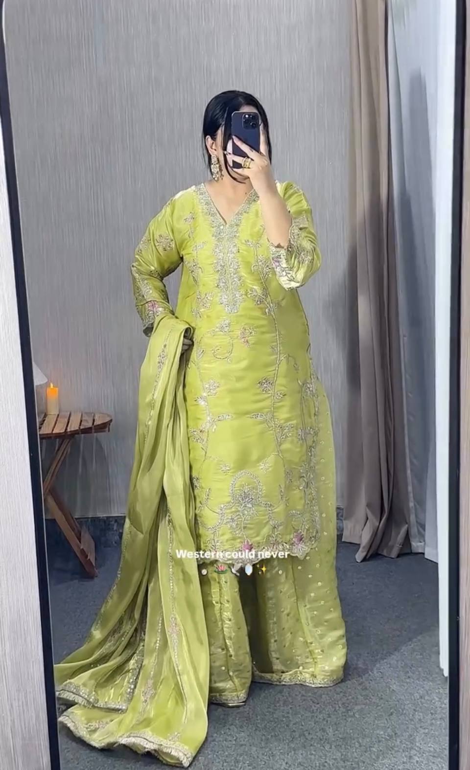 Designer Embroidered Chinon Silk Kurti with Wide Palazzo & Dupatta Set - Lime Green