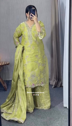 Designer Embroidered Chinon Silk Kurti with Wide Palazzo & Dupatta Set - Lime Green