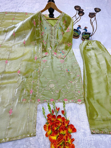 Designer Embroidered Chinon Silk Kurti with Wide Palazzo & Dupatta Set - Lime Green