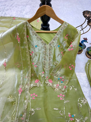 Designer Embroidered Chinon Silk Kurti with Wide Palazzo & Dupatta Set - Lime Green