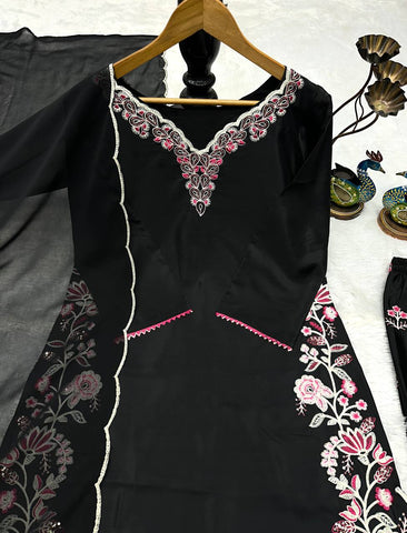 Designer Embroidered French Crepe Kurti with Palazzo & Georgette Dupatta Set - Black