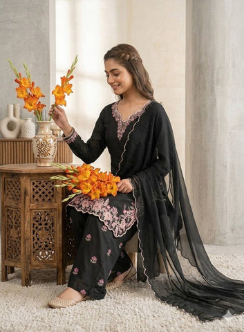 Designer Embroidered French Crepe Kurti with Palazzo & Georgette Dupatta Set - Black