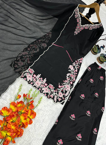 Designer Embroidered French Crepe Kurti with Palazzo & Georgette Dupatta Set - Black