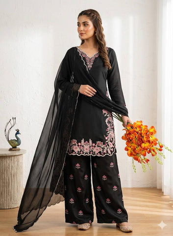 Designer Embroidered French Crepe Kurti with Palazzo & Georgette Dupatta Set - Black