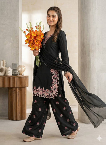 Designer Embroidered French Crepe Kurti with Palazzo & Georgette Dupatta Set - Black