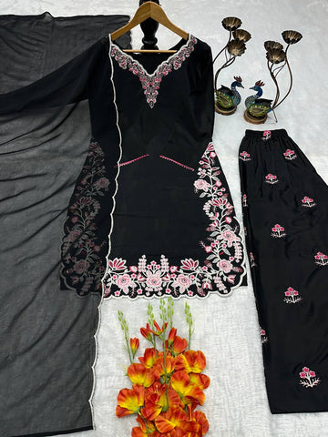 Designer Embroidered French Crepe Kurti with Palazzo & Georgette Dupatta Set - Black