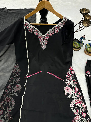 Designer Embroidered French Crepe Kurti with Palazzo & Georgette Dupatta Set - Black