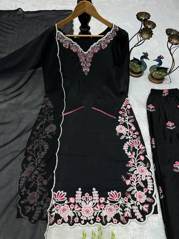 Designer Embroidered French Crepe Kurti with Palazzo & Georgette Dupatta Set - Black