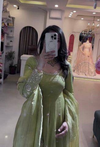 Designer Embroidered Crunchy Silk Anarkali Gown with Cutwork Dupatta Set - Olive Green