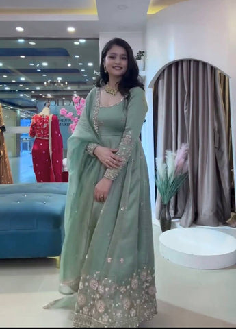 Designer Embroidered Crunchy Silk Anarkali Gown with Cutwork Dupatta Set - Sea Green