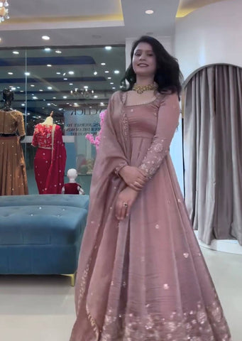 Designer Embroidered Crunchy Silk Anarkali Gown with Cutwork Dupatta Set - Olive Green (Copy)