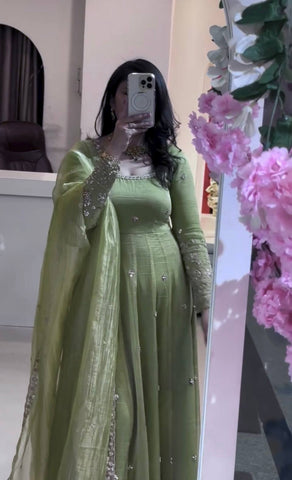 Designer Embroidered Crunchy Silk Anarkali Gown with Cutwork Dupatta Set - Olive Green
