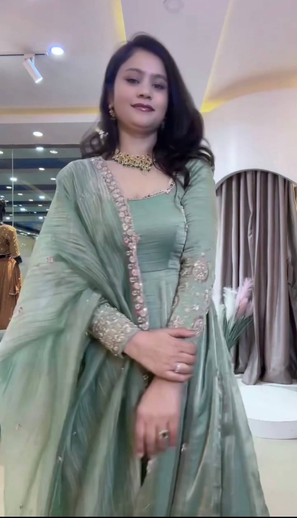 Designer Embroidered Crunchy Silk Anarkali Gown with Cutwork Dupatta Set - Sea Green