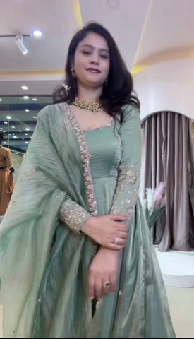Designer Embroidered Crunchy Silk Anarkali Gown with Cutwork Dupatta Set - Sea Green