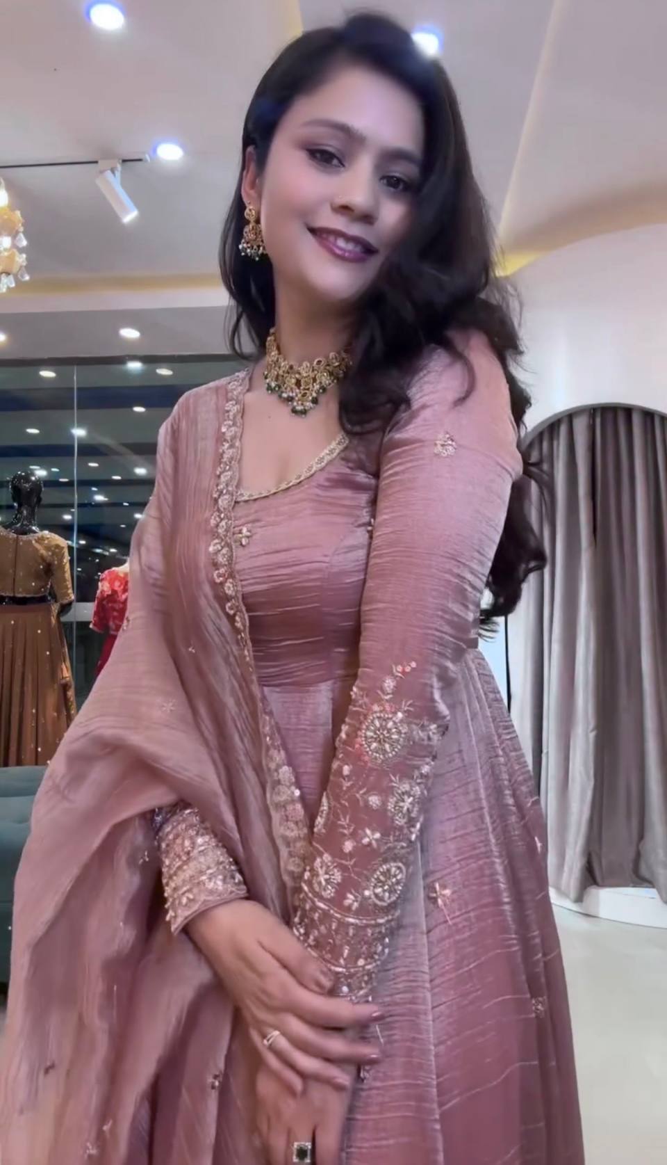 Designer Embroidered Crunchy Silk Anarkali Gown with Cutwork Dupatta Set - Olive Green (Copy)