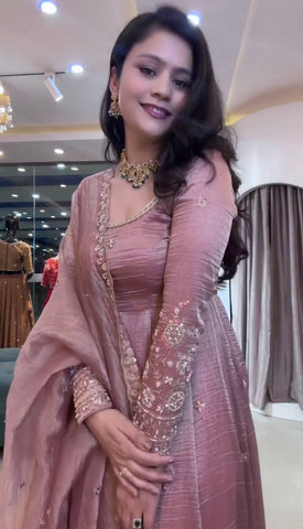 Designer Embroidered Crunchy Silk Anarkali Gown with Cutwork Dupatta Set - Olive Green (Copy)