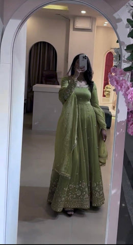 Designer Embroidered Crunchy Silk Anarkali Gown with Cutwork Dupatta Set - Olive Green