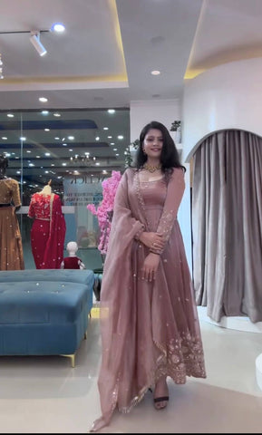 Designer Embroidered Crunchy Silk Anarkali Gown with Cutwork Dupatta Set - Olive Green (Copy)
