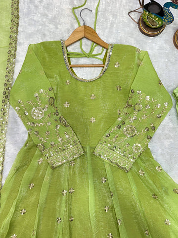 Designer Embroidered Crunchy Silk Anarkali Gown with Cutwork Dupatta Set - Olive Green