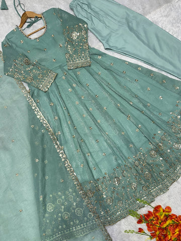 Designer Embroidered Crunchy Silk Anarkali Gown with Cutwork Dupatta Set - Sea Green