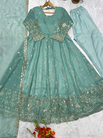 Designer Embroidered Crunchy Silk Anarkali Gown with Cutwork Dupatta Set - Sea Green