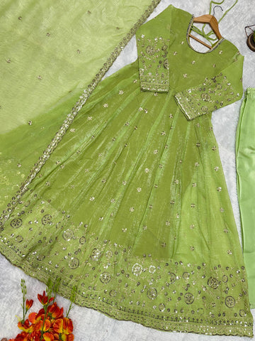 Designer Embroidered Crunchy Silk Anarkali Gown with Cutwork Dupatta Set - Olive Green