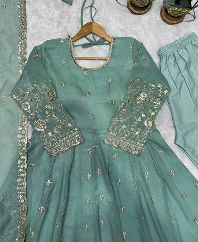 Designer Embroidered Crunchy Silk Anarkali Gown with Cutwork Dupatta Set - Sea Green