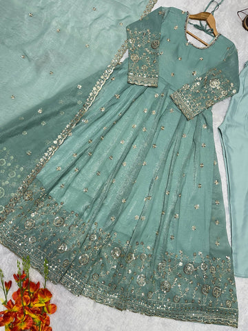 Designer Embroidered Crunchy Silk Anarkali Gown with Cutwork Dupatta Set - Sea Green
