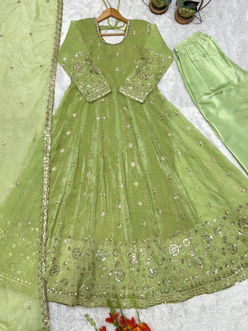 Designer Embroidered Crunchy Silk Anarkali Gown with Cutwork Dupatta Set - Olive Green