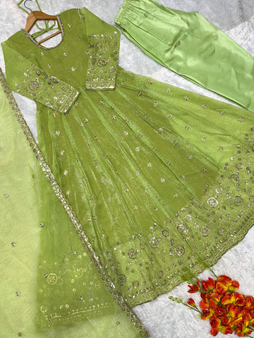 Designer Embroidered Crunchy Silk Anarkali Gown with Cutwork Dupatta Set - Olive Green