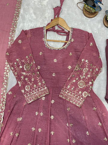 Designer Embroidered Crunchy Silk Anarkali Gown with Cutwork Dupatta Set - Olive Green (Copy)