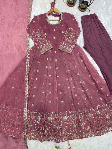 Designer Embroidered Crunchy Silk Anarkali Gown with Cutwork Dupatta Set - Olive Green (Copy)
