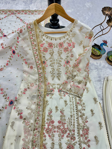 Designer Embroidered Fox Georgette Kurti Set with Pleated Bottom & Embroidered Dupatta – Off-White