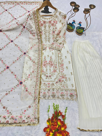 Designer Embroidered Fox Georgette Kurti Set with Pleated Bottom & Embroidered Dupatta – Off-White