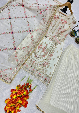 Designer Embroidered Fox Georgette Kurti Set with Pleated Bottom & Embroidered Dupatta – Off-White