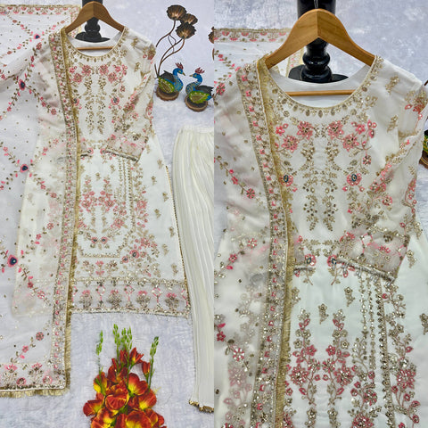 Designer Embroidered Fox Georgette Kurti Set with Pleated Bottom & Embroidered Dupatta – Off-White