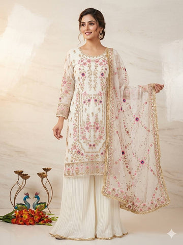 Designer Embroidered Fox Georgette Kurti Set with Pleated Bottom & Embroidered Dupatta – Off-White