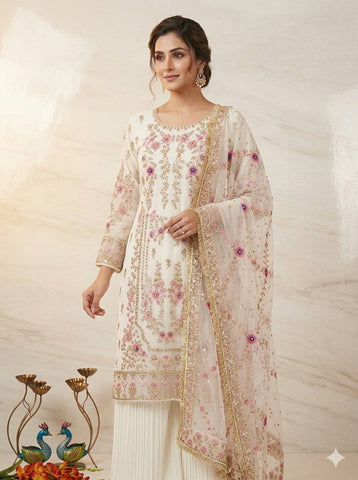 Designer Embroidered Fox Georgette Kurti Set with Pleated Bottom & Embroidered Dupatta – Off-White