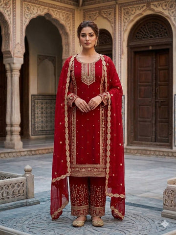 Designer Gold Embroidered Fox Georgette Kurti with Palazzo & Dupatta Set – Deep Red