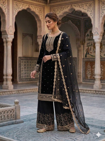 Designer Silver Embroidered Fox Georgette Kurti with Palazzo & Dupatta Set – Jet Black