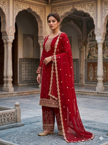 Designer Gold Embroidered Fox Georgette Kurti with Palazzo & Dupatta Set – Deep Red