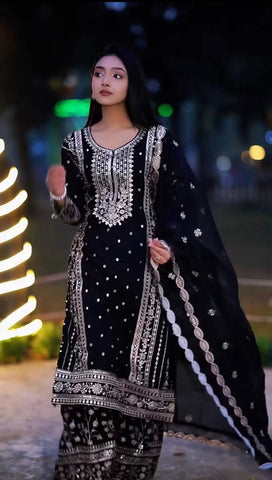 Designer Silver Embroidered Fox Georgette Kurti with Palazzo & Dupatta Set – Jet Black