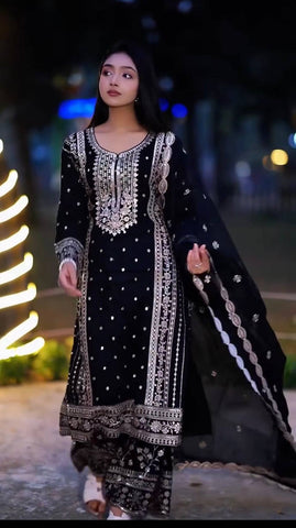 Designer Silver Embroidered Fox Georgette Kurti with Palazzo & Dupatta Set – Jet Black