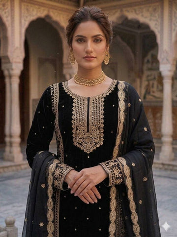 Designer Silver Embroidered Fox Georgette Kurti with Palazzo & Dupatta Set – Jet Black