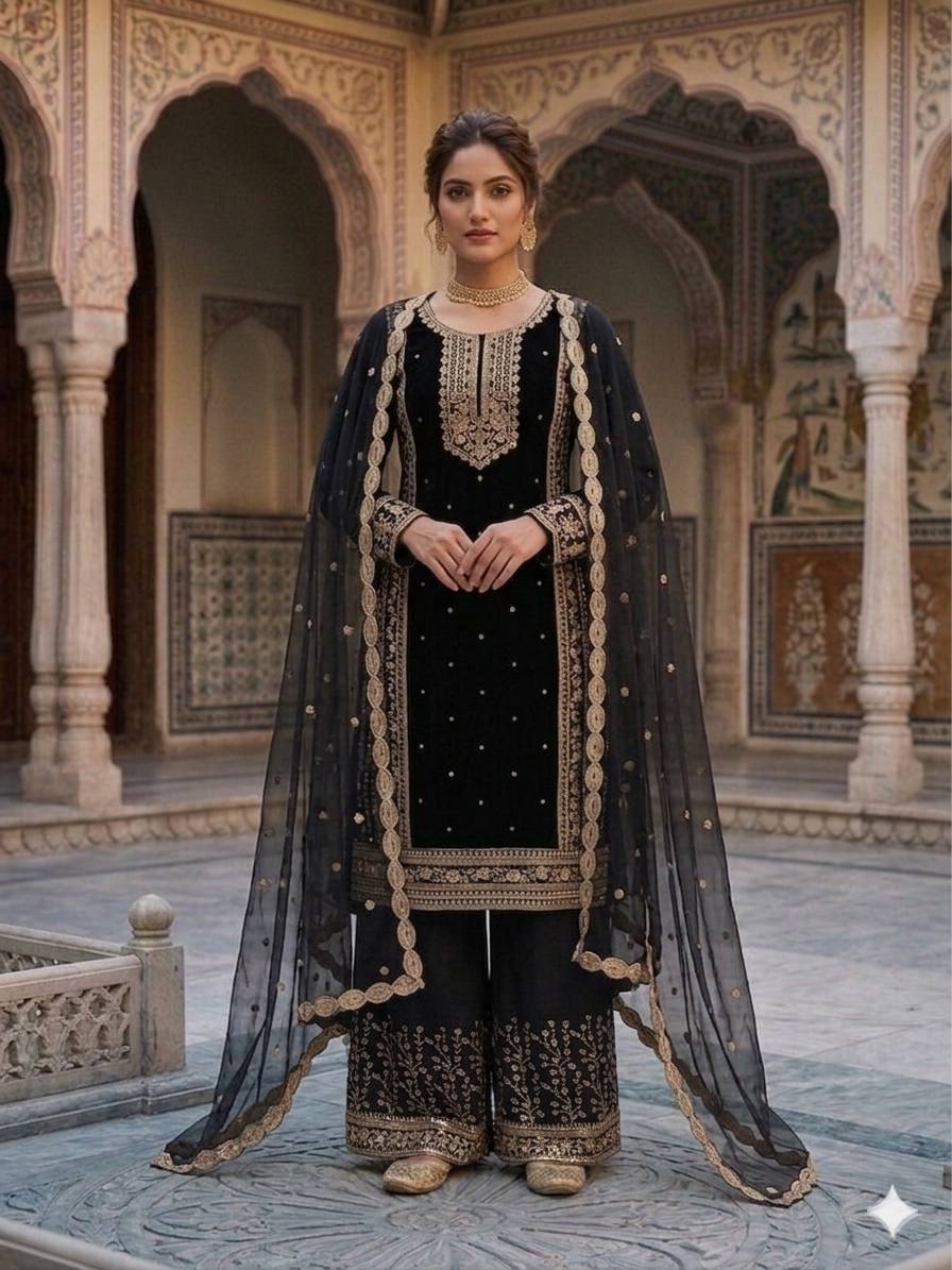 Designer Silver Embroidered Fox Georgette Kurti with Palazzo & Dupatta Set – Jet Black