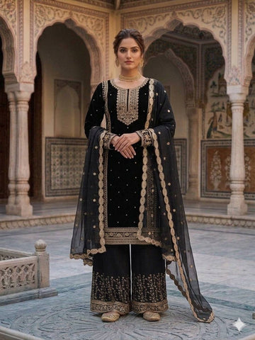 Designer Silver Embroidered Fox Georgette Kurti with Palazzo & Dupatta Set – Jet Black