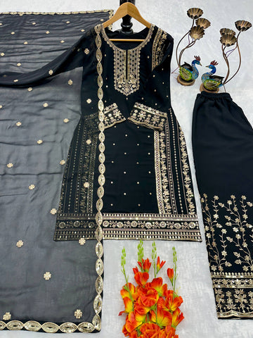 Designer Silver Embroidered Fox Georgette Kurti with Palazzo & Dupatta Set – Jet Black