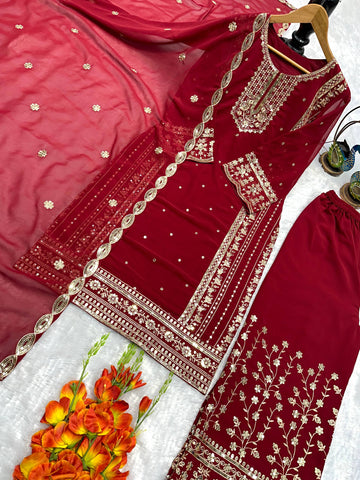 Designer Gold Embroidered Fox Georgette Kurti with Palazzo & Dupatta Set – Deep Red