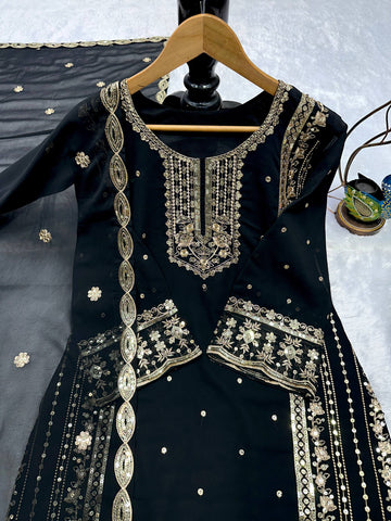 Designer Silver Embroidered Fox Georgette Kurti with Palazzo & Dupatta Set – Jet Black
