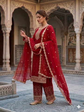 Designer Gold Embroidered Fox Georgette Kurti with Palazzo & Dupatta Set – Deep Red
